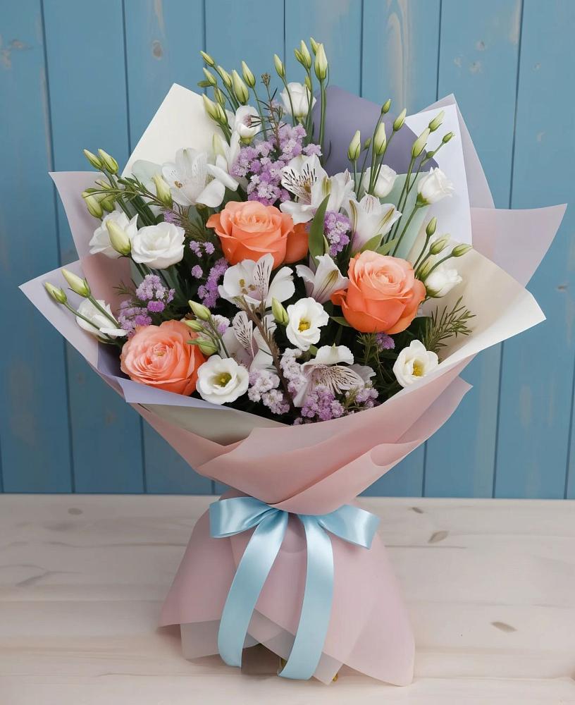 Букет цветов из: Лизиантусы, Розы, Альстромерии и Гипсофила в Здвинске