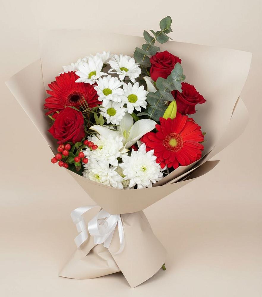 Букет цветов из: Розы, Хризантемы, Герберы и Лилии в Здвинске