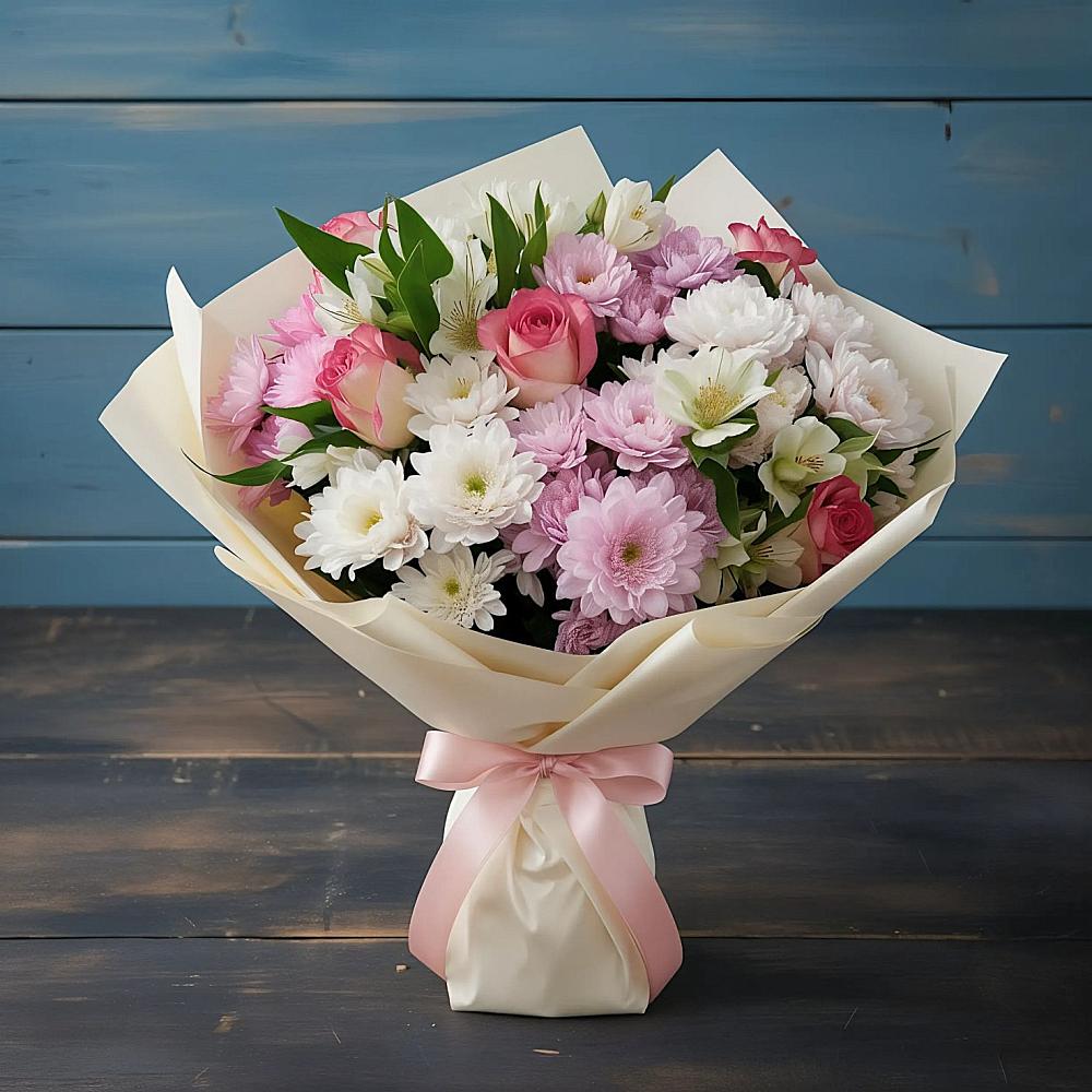 Букет цветов из: Хризантемы, Альстромерии и Розы в Здвинске